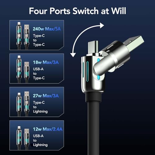 MFish 240W 4-in-1 Fast Charging Cable, Black, 6.6FT - color: Black, size: 6.6FT