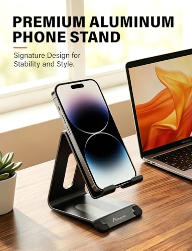 Phone Stand for Desk, Thickened Aluminum Cell Phone Stand & Phone Holder for Desk, Compatible with Tablets, iPhone, iPad, Samsung - Black - color: black