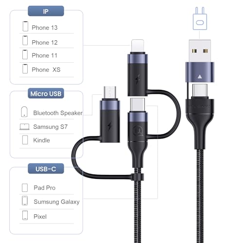 3-in-1 USB C Multi Fast Charging Cable 60W 6.6FT Nylon Multi Charger - color: Black, size: 6.6FT