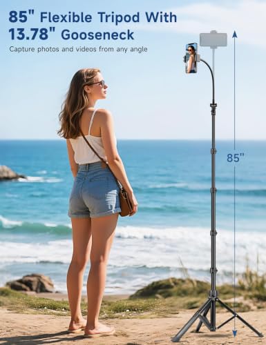 Phone Tripod Stand, 85" Tall Cellphone Tripod for iPhone with Gooseneck
