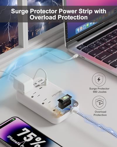6 USB Travel Power Strip,4 Outlets,5Ft Extension Cord,Surge Protector,13A - size: 24W USB-5ft-980J