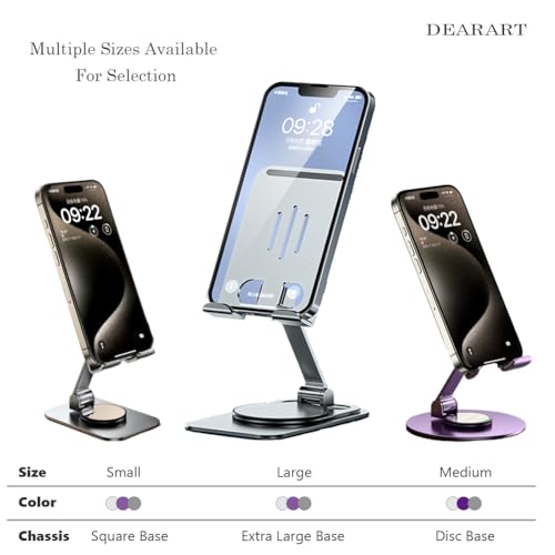 DEARART Silver Cell Phone Stand, 360° Adjustable Phone Stand for Desk, Foldable Phone Holder Fully Carried Easily, Disc Base - color: Silver ( Disc Base )