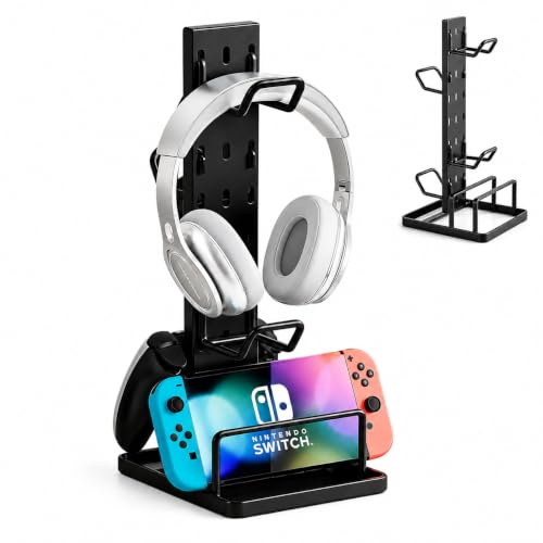 Headphone Stand with Controller Holder for Desk, Detachable Gaming Headset Organizer with Adjustable Hooks, Vertical Earphone Hanger for Game Controller, Phone, Desktop Accessories