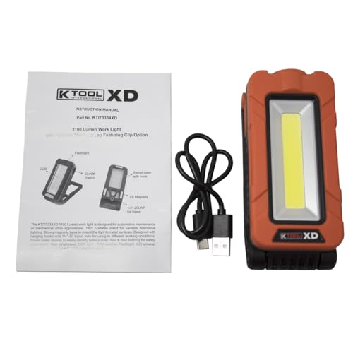 K Tool International 7334XD Rechargeable Work Light, 1100 Lumen COB with 500 Lumen Flashlight, Folding Stand, Magnetic Base, Type C Charging, Power Meter