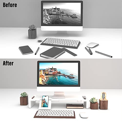 Monitor Stand Riser with Drawer & Phone Holder, Foldable Desk Organizer - color: White-Basic