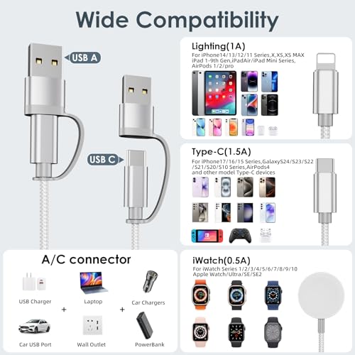 Travel Essentials,Multi Charging Cable for Apple Watch iPhone Charger White - color: White, size: 1Pack-4FT