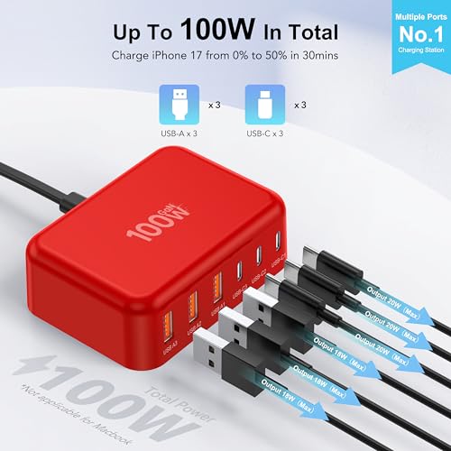 USB Fast Charger Block 50% Smaller 100W Max 6-Port GaN USB Charging Station - color: F-Red, size: 100W