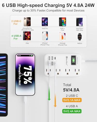 6 USB Travel Power Strip,4 Outlets,5Ft Extension Cord,Surge Protector,13A - size: 24W USB-5ft-980J