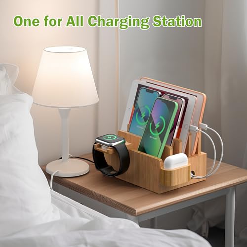 Bamboo Charging Station for Phone, Watch&Earbud with 5-Port HUB & 5 Cables - color: Dock Stand +Cables +Charger