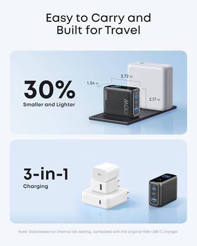 Anker 100W Max USB C Charger, 3-Port GaN Phone Charger with Smart Display - color: Dark Gray, size: 2.72 x 2.17 x 1.34"