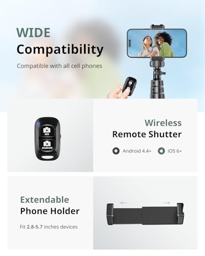 SENSYNE 62" Phone Tripod, Extendable Selfie Stick with Wireless Remote - color: Black, size: 62-inch