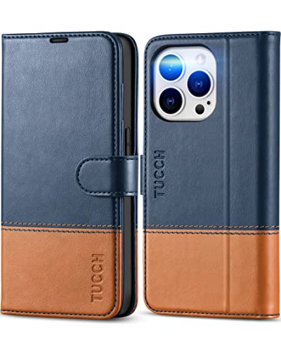 TUCCH Wallet Case for iPhone 14 Pro (6.1") 2022, 4 Card Slots, Blue & Brown - color: Two Colors - Dark Blue & Brown
