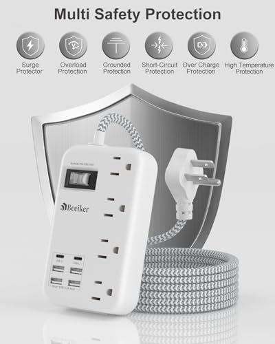 6 USB Travel Power Strip,4 Outlets,5Ft Extension Cord,Surge Protector,13A - size: 24W USB-5ft-980J