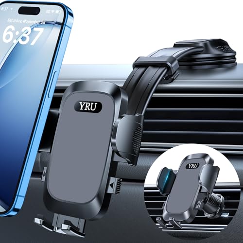 YRU 2026 Ultimate Car Phone Holder Mount Bendable & Adjustable Aluminum Arm Cell Phone Holder for Car Dashboard Windshield Phone Stand for iPhone 17 16 15 14 Pro Max Samsung Pickup Truck,Dark Silver - color: Dark Silver