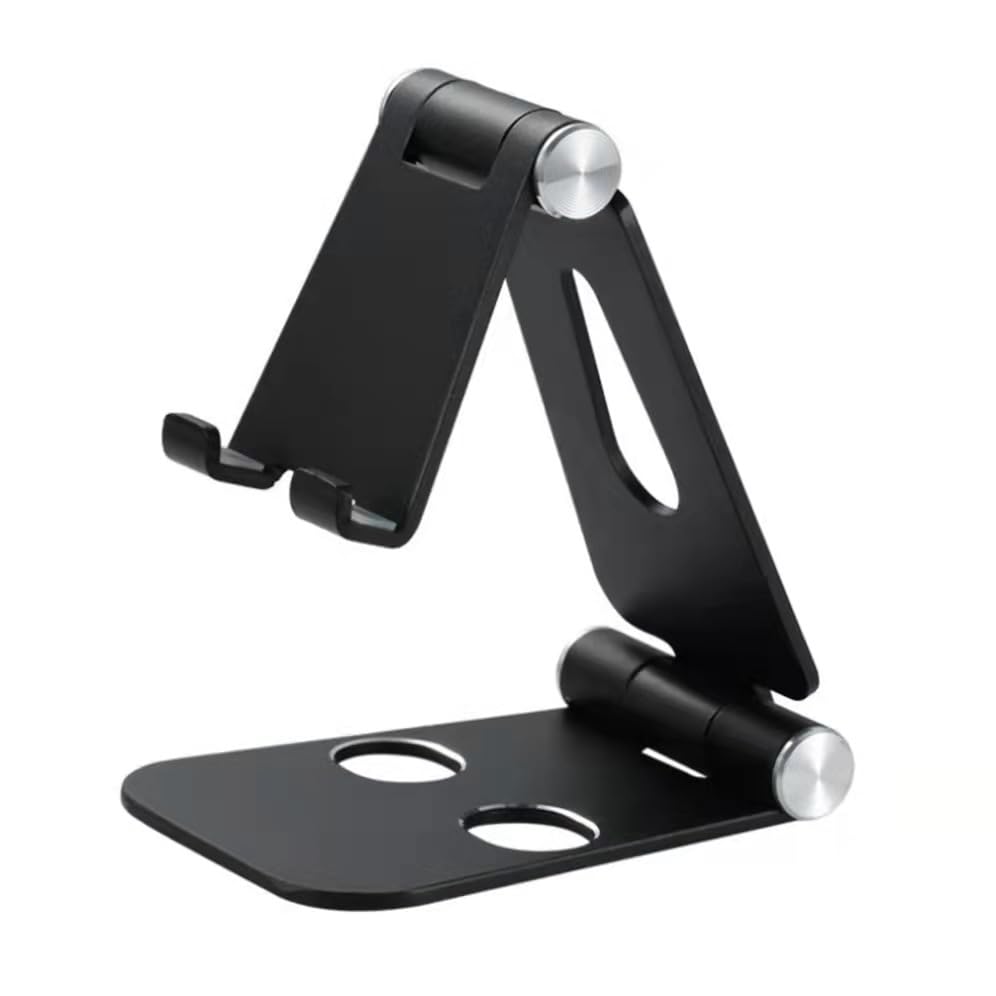 Adjustable Phone Stand, Premium Aluminum Foldable Desktop Holder in Black, Silver, Gold, Rose Gold with Dual-Hinge Design for Phones, Tablets (Black) - color: Black
