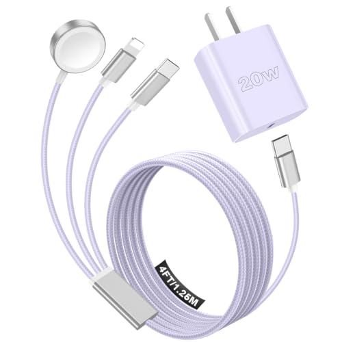 Travel Essentials Multi Charging Cable with 20W Charger Block - color: Purple, size: 1.2M/4FT
