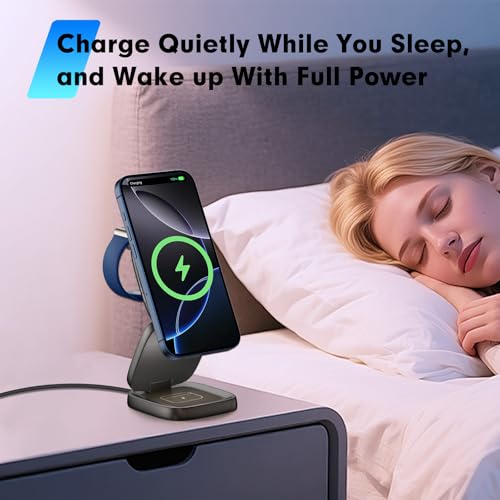 3-in-1 Magnetic Wireless Charging Station for Apple Devices - 15W Fast Charge with 30W Adapter, Foldable Aluminum Travel Dock for iPhone 17/16/15/14/13/12 Series, iWatch, AirPods
