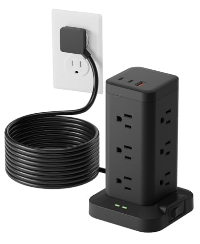 12AC 3USB Power Strip Tower Surge Protector 1800J, 8ft, Black, 1 - color: Black, size: 8ft