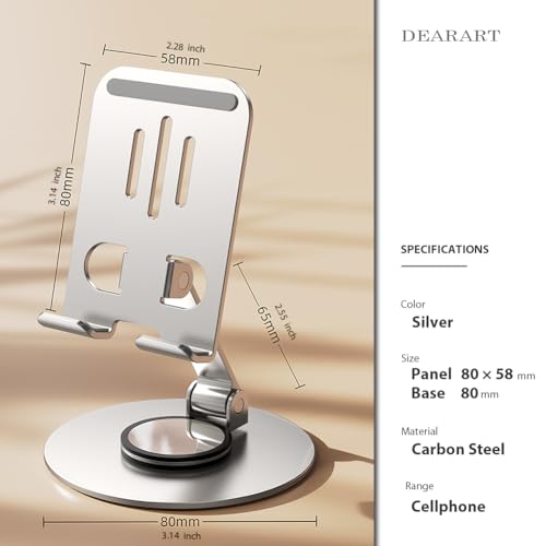 DEARART Silver Cell Phone Stand, 360° Adjustable Phone Stand for Desk, Foldable Phone Holder Fully Carried Easily, Disc Base - color: Silver ( Disc Base )