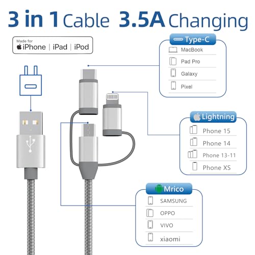 MFi Certified 3 in 1 Multi Charging Cable 1Pack - size: 1 Pack,3.4ft