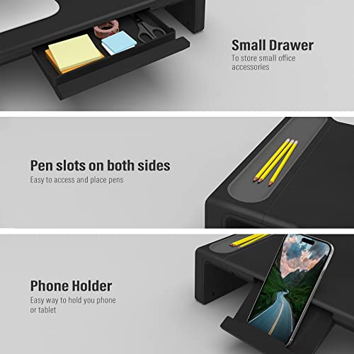 Adjustable Monitor Riser with Drawer & Phone Holder, Foldable Desk Stand - color: Black-Basic