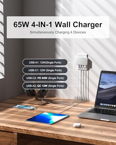 Flat USB C Charger 65W PD, Foldable Dual USB A& C Charging Block - color: White