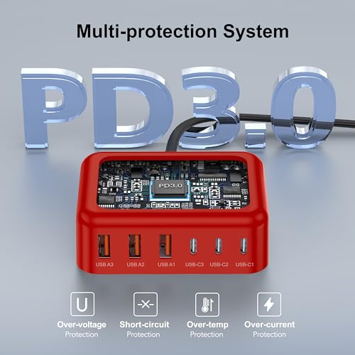 USB Fast Charger Block 50% Smaller 100W Max 6-Port GaN USB Charging Station - color: F-Red, size: 100W