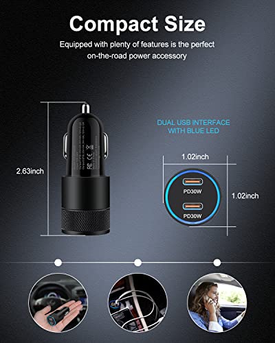 60W USB C Car Charger, 2Pack USB C Cigarette Lighter Adapter Fast Charging