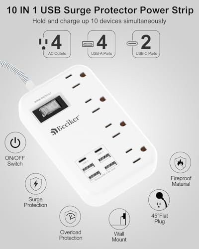 6 USB Travel Power Strip,4 Outlets,5Ft Extension Cord,Surge Protector,13A - size: 24W USB-5ft-980J