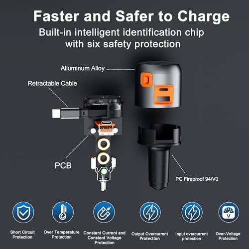 60W Retractable Car Charger, 3-Port USB-C Fast Charging Adapter - color: Orange