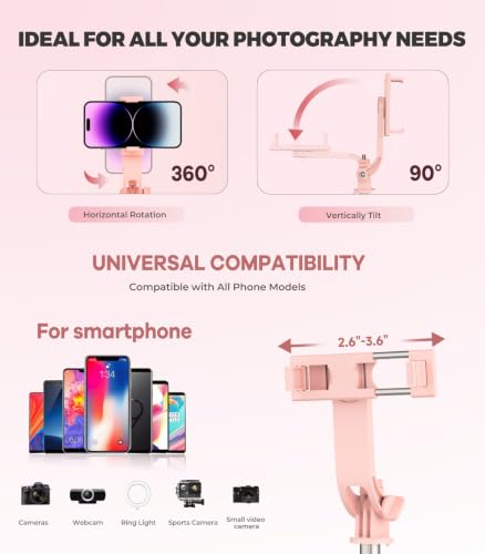 71” Phone Tripod & Selfie Stick for iPhone/Samsung/Android/Camera - color: Pink