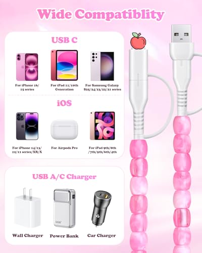 JAKPAK Multi 4 in1 USB Cable for iPhone Beaded Phone Charger 6.6FT, Pink - size: 6.6FT/2M