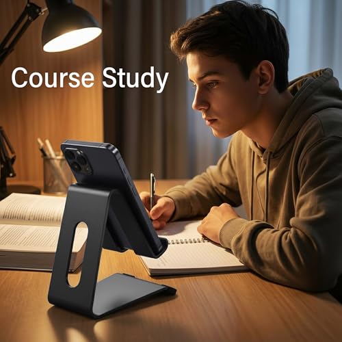 Phone Stand for Desk, Thickened Aluminum Cell Phone Stand & Phone Holder for Desk, Compatible with Tablets, iPhone, iPad, Samsung - Black - color: black