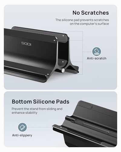 SODI Vertical Laptop Stand Holder for Desk Compatible with MacBook Air, MacBook Pro Stand Vertical Aluminum Up to 17 inch, Gravity Auto-Lock Cooling, 3-in-1 Space Saving Desk Organizer Accessories - color: Black