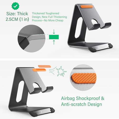Phone Stand for Desk, Thickened Aluminum Cell Phone Stand & Phone Holder for Desk, Compatible with Tablets, iPhone, iPad, Samsung - Black - color: black