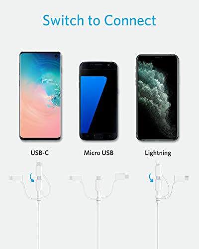 Anker Powerline II 3-in-1 Lightning, USB C, Micro USB Cable (3 ft, White) - color: White
