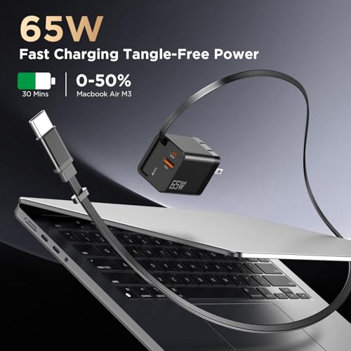 65W Retractable Wall Charger, USB C Charger Block Built-in Type C Cable & Dual Port, PD PPS Fast Charging GaN Power Adapter Travel Charger for MacBook,Lenovo IdeaPad,iPhone 17 Pro Max,Galaxy S24