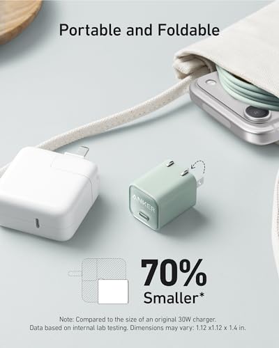 Anker Nano Phone Charger, 30W Portble and Foldable USB C GaN Charger - color: green