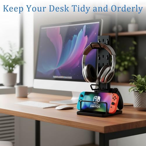 Headphone Stand with Controller Holder for Desk, Detachable Gaming Headset Organizer with Adjustable Hooks, Vertical Earphone Hanger for Game Controller, Phone, Desktop Accessories