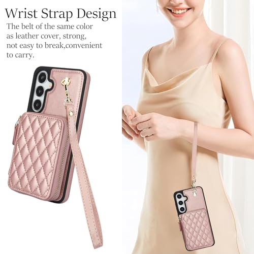 Phone Case for Samsung Galaxy S25 5G Wallet Cell Cover with Tempered Glass Screen Protector Wrist Crossbody Strap Stand RFID Blocking Credit Card Holder S 25 25S 25 25S SM-S931U Women Girls Rose Gold - color: Rose Gold