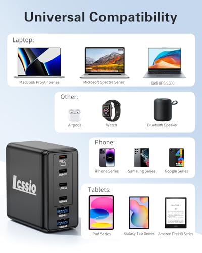 Lcssio 2 Pack 200W USB C Charger with 4 USB Cables, 6-Port Wall Charger - color: Black