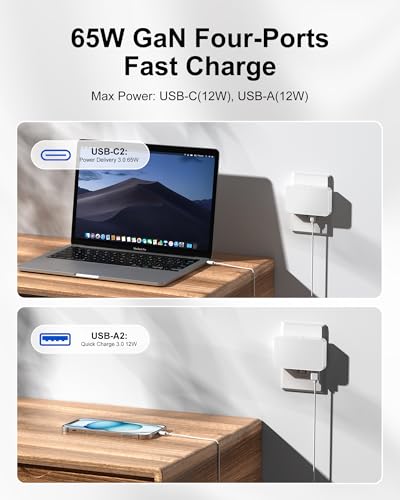 Flat USB C Charger 65W PD, Foldable Dual USB A& C Charging Block - color: White