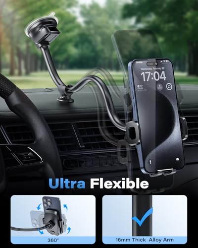 1Zero Solid Car Truck Phone Mount Holder Black with 14" Gooseneck Long Arm - color: Faux Leather Surface with Black Ring