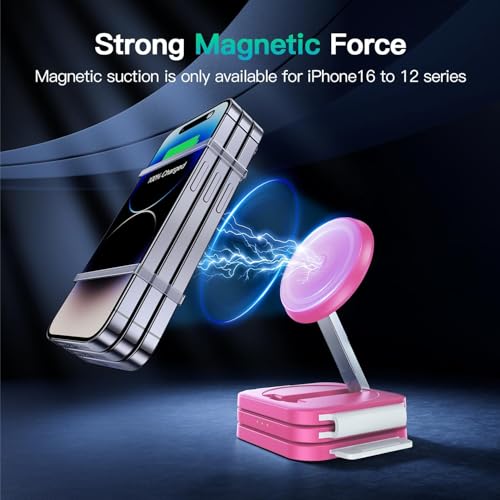 Travel Essentials for Apple Watch Charger,3 in 1 Charging Station for Apple Devices,Foldable Wireless Charging Station for iPhone 17/16/15/14/13/12, Apple Watch & AirPods with Magsafe Charger Stand - color: Pink