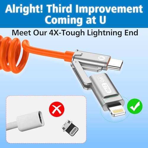 AGVEE 5ft 4-in-1 Coiled Multi Charging Charger Data Transfer Cable - color: Orange, size: 5ft