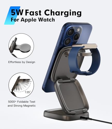 3-in-1 Magnetic Wireless Charging Station for Apple Devices - 15W Fast Charge with 30W Adapter, Foldable Aluminum Travel Dock for iPhone 17/16/15/14/13/12 Series, iWatch, AirPods