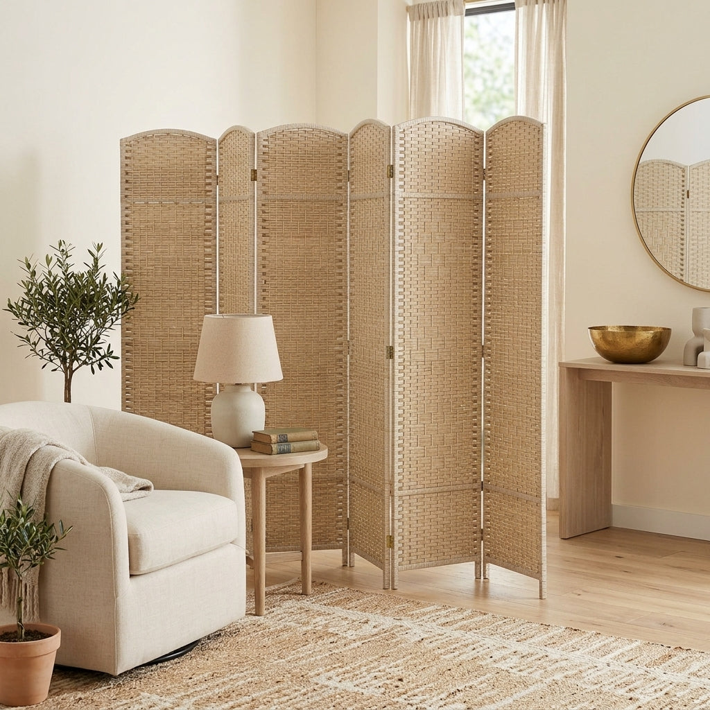 Folding Room Divider Screen 6 Panel 6' Tall Privacy Screen Freestanding Wood Partition for Home Office, Washed Oak