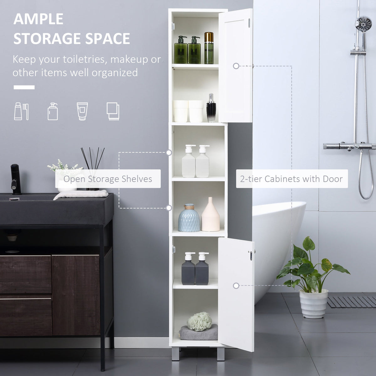 Tall Bathroom Storage Cabinet with Mirror, Wooden Freestanding Tower Cabinet with Adjustable Shelves for Bathroom or Living Room, White