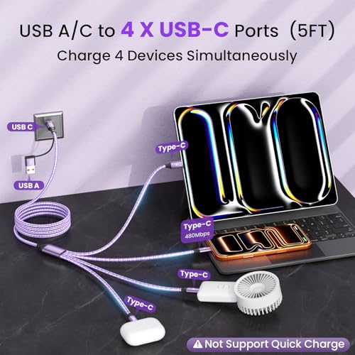 USB C Splitter Multi Charging Cable, USB A/C to USB C Charger Cord - color: Purple&1PCS