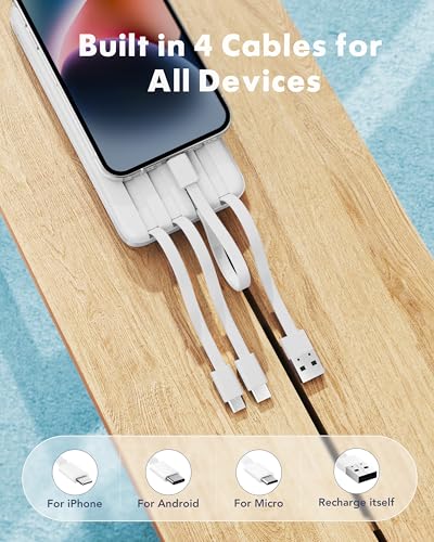 charmast Power Bank Portable Charger with Reinforced Built-in 4 Cables - color: White